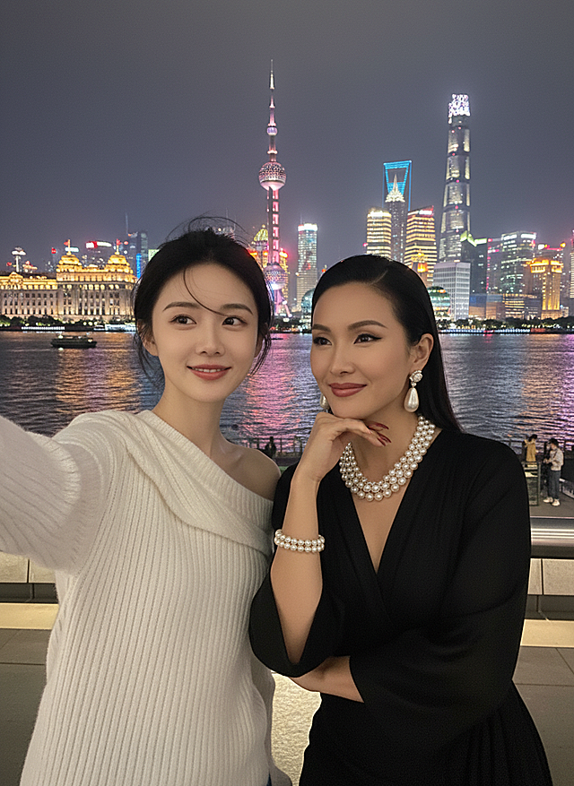 帮图1女生生成一张和图2人物在上海外滩的自拍合照，图2的人物要真实服装不变，图片要求真实感强，细节丰富，一张非常真实的合照