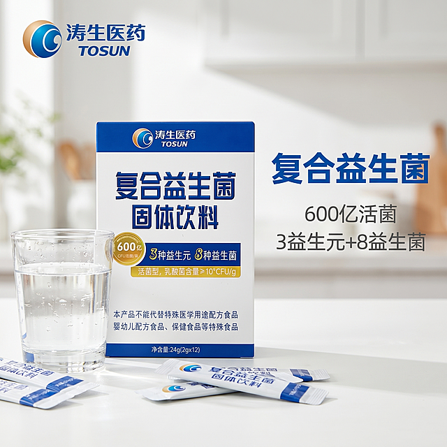 [主图-1] 涛生医药复合益生菌固体饮料首图，场景代入健康生活氛围。[氛围风格] 专业品质健康风，干净通透。[画质] 商业摄影质感、光线柔和通透、产品清晰真实、画面干净高级。[元素] 复合益生菌包装盒居中展示，包装盒左侧搭配冲泡好的益生菌水杯，杯壁挂有冷凝水珠，周围散落几包独立小袋益生菌，营造真实食用场景。左上角提取涛生医药TOSUN品牌Logo，保持原品牌字形、配色和比例，不遮挡产品主体。保持产品包装盒外观（物理结构、材质质感、颜色）与输入产品图绝对一致，杜绝任何变形和色差，精细化处理。商品主体占比严格控制在70%左右；画面满屏无边框。[光影] 自然柔和侧光，突出产品轮廓和包装盒质感，整体通透不灰蒙，高光不溢、暗部有层次。[配色] 主色蓝色（包装盒品牌色），辅色白色和水杯浅灰色，干净清新。[视角构图] 平视角度，产品为视觉中心；前中后景分层、景深中等，产品轮廓完整不裁切。[文字版式] 大字主文案“复合益生菌”蓝色粗体无衬线，放置在包装盒右侧负空间，辅助文案“600亿活菌 3益生元+8益生菌”字号缩小一半，浅灰色放在主文案下方。文字与背景对比强烈，清晰易读，不遮挡产品主体。[比例分辨率] 1:1比例，2k分辨率；文字清晰锐利，画面超高清。[负向提示词] 变形，水印，文字错乱，产品图模糊，背景杂乱，遮挡主体。