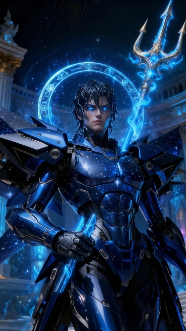 将身后的金色法相变成蓝色，机甲身体去掉胸部特征，变的强壮一点，海神叉子拿在手里。头盔变成湿润头发，其他保持不变。预览效果