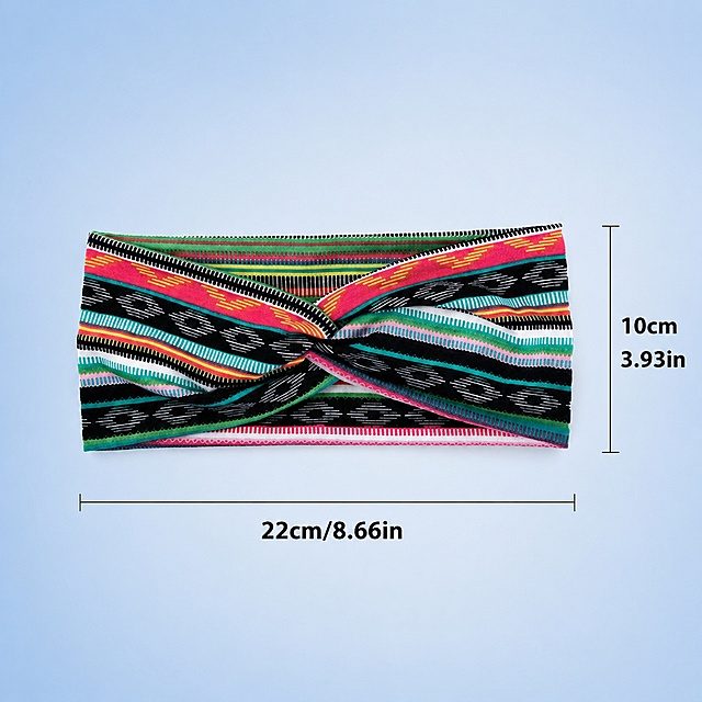 [Main Image 4] Product size specification display of yoga hair band. Light blue low saturation gradient background. Place a single hair band in the center, clearly mark the size 10cm/3.93in Width, 22cm/8.66in Length with English text. Keep the appearance of the product consistent with the size reference image, remove the original Chinese text, keep the size values and units. All text is English, clear and readable. Light: Even soft light, clear product and text. Composition: Centered, product complete, size annotation line clear. Do not add extra trademarks. 1:1 ratio, 2048px x 2048px, 2K resolution. Negative prompt: Deformed text disordered product picture blurred background messy watermark logo Chinese characters