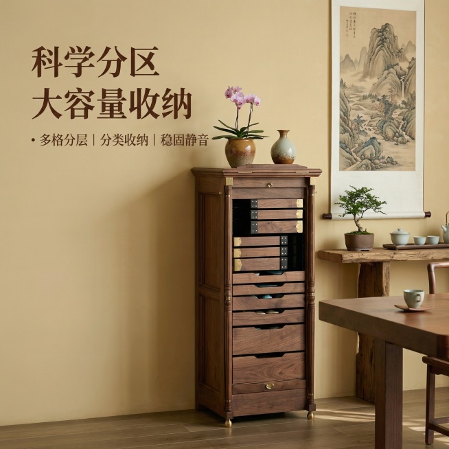 [主图 2] 收纳功能展示图
[主图主题] 大容量多分区收纳展示
[氛围/风格] 简约中式风格，温馨暖调自然光，和第一张保持同一空间一致光影和色温，保留原图柜子结构和抽屉关闭状态
[画面元素] 产品保预览效果