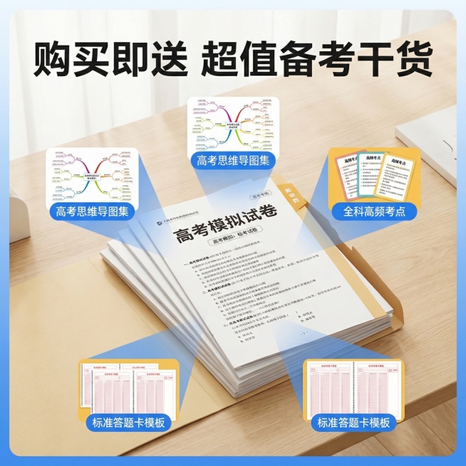 [主图9：增值服务展示] 主图主题：附赠高考备考干货；氛围风格：升学风，惊喜感；画面元素：中心摆放高考试卷合集，试卷周围散落摆放思维导图、高频考点、答题卡模板等额外赠送备考资料的预览小图，整体排版丰富预览效果