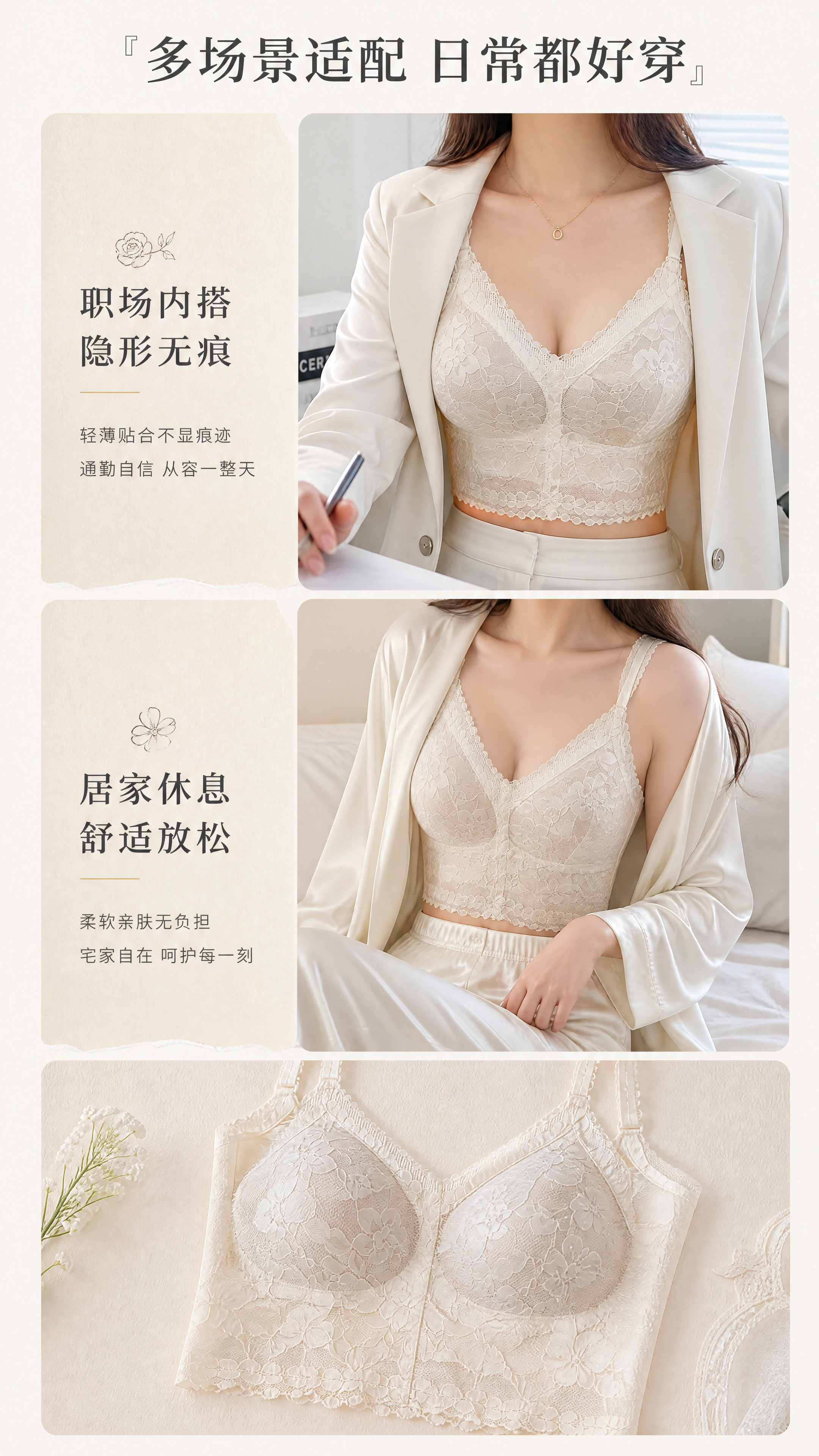 [第5屏] 多场景穿搭展示，展示这款奶白色冰皮衣蕾丝内衣适合日… - 图片创意预览