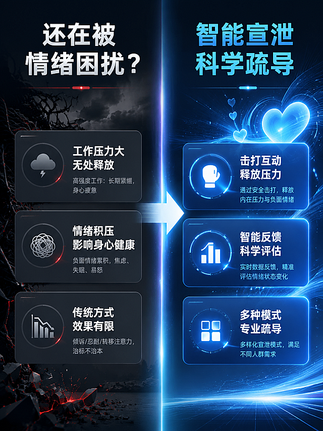 [第2张] 痛点直击页-情绪压力问题与解决方案。本张无需产品图，为纯信息痛点页。
[氛围/风格] 深灰蓝专业感，沉稳有力量，与整体风格统一。
[元素布局] 左侧为痛点区域，右侧为解决方案区域；背景深炭灰蓝渐变，中间有一条竖向光带分割左右；左侧配压抑情绪的抽象图形（灰色乌云、紧绷的线条、压力感图标），右侧配明亮释放的抽象图形（蓝色光芒、舒展线条、心形图标）。
[光影质感] 整体光线沉稳，左侧偏暗右侧偏亮，形成明暗对比，突出从压抑到释放的转变。
[配色色系] 全局底色 #1A2332；左侧痛点区灰色调+暗红色点缀；右侧解决区蓝色调+白色高光。
[视角构图] 左右分栏对比构图，阅读动线从左到右，痛点→解决方案。
[文字版式] 左侧痛点区：顶部白色大标题「还在被情绪困扰？」；下方三个灰色痛点卡片，每张卡片白色标题+灰色小字：「工作压力大 无处释放」「情绪积压 影响身心健康」「传统方式 效果有限」。右侧解决方案区：顶部蓝色大标题「智能宣泄 科学疏导」；下方三个蓝色亮点卡片，白色标题+浅蓝小字：「击打互动 释放压力」「智能反馈 科学评估」「多种模式 专业疏导」。中间竖向光带处有箭头指向右侧，象征转变。
[比例分辨率] 3:4竖版比例，4K分辨率，文字清晰可辨。
[负向提示词] 产品图，人物面部，水印，文字错乱，电商平台Logo，低俗内容，极端负面词。