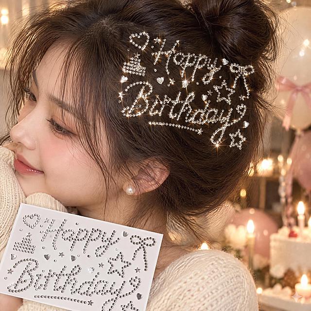 严格还原上传的银色Happy Birthday水钻钻贴产品图，包括钻的颜色、字母拼写、图案元素（爱心、星星、蛋糕、蝴蝶结等）、排列方式等所有细节。产品尺寸15×9.5cm，1:1正方形构图。

整体视觉风格：小红书网红生日自拍感，奶油肌调色，暖白自然光，轻胶片颗粒，松弛不刻意，像生日当天对镜自拍随手发小红书的网感大片。

画面主体：整张图是头发贴钻效果图。年轻甜妹高丸子头，面朝左，右侧脸侧脸在画面左边缘——清透妆容、玻璃唇、腮红，表情松弛温柔，不看镜头，嘴角带浅浅微笑。颅顶右侧贴着银色Happy Birthday水钻字母，占画面70%，是绝对视觉重心。钻面暖白星芒闪耀bling bling，每颗钻边缘锐利，钻与钻之间无胶痕、无透明底膜，钻直接贴在头发上，完全还原产品图图案，字母拼写准确无乱码。穿奶白色针织衫，耳戴小珍珠耳钉，身后生日气球和蜡烛暖光斑虚化，背景干净有呼吸感。

左下方产品实物：画面左下角斜放一张银色Happy Birthday钻贴实物（白卡底纸），完全还原产品图图案，钻面暖白闪耀，像随手放在旁边。

排版：无任何标题文字。

设计感强调：小红书网红松弛感——不是硬广摆拍，是生日自拍那种真实又精致的感觉。画面重心在头发上的Happy Birthday钻贴，占70%。人脸虚化在左边缘当氛围。奶油肌调色，暖白自然光，轻胶片颗粒，网感强。第2张变体，带微笑表情。