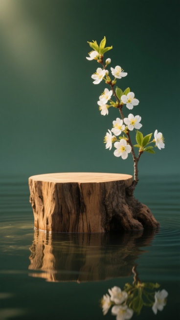 摄影风格，画面中心是自然形态的木头展台，展台表面有清晰的木纹肌理，一根开满白色花朵的枝条从展台一侧伸出，花朵绽放，带有黄色花蕊和绿色叶片，展台放置在平静的水面上，水面倒映出展台和花朵的清晰影子，柔和的侧逆光从画面左上方照射，在展台和花朵边缘形成淡淡的金色高光，背景为纯净的深绿色渐变，整体色调统一为深绿与原木色的和谐搭配，营造出静谧、自然、雅致的氛围，光影柔和，细节清晰，构图简洁平衡，突出主体。预览效果