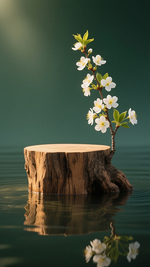 摄影风格，画面中心是自然形态的木头展台，展台表面有清晰的木纹肌理，一根开满白色花朵的枝条从展台一侧伸出，花朵绽放，带有黄色花蕊和绿色叶片，展台放置在平静的水面上，水面倒映出展台和花朵的清晰影子，柔和的侧逆光从画面左上方照射，在展台和花朵边缘形成淡淡的金色高光，背景为纯净的深绿色渐变，整体色调统一为深绿与原木色的和谐搭配，营造出静谧、自然、雅致的氛围，光影柔和，细节清晰，构图简洁平衡，突出主体。