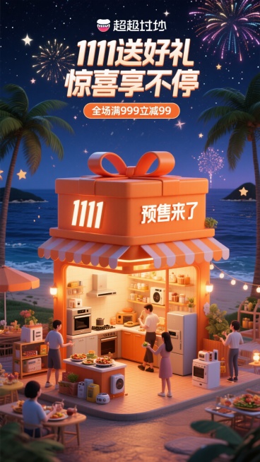 C4D渲染风格电商促销海报，深夜聚会场景，中央是橙色礼盒造型店铺，印有“1111预售来了”，店内有厨房电器，有人展示美食和操作电器，店外摆放产品和装饰且店铺亮着暖光，背景是海岛风光：深蓝色大海、高大椰预览效果