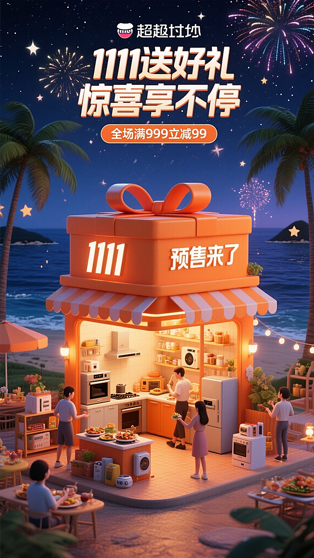 C4D渲染风格电商促销海报，深夜聚会场景，中央是橙色礼盒造型店铺，印有“1111预售来了”，店内有厨房电器，有人展示美食和操作电器，店外摆放产品和装饰且店铺亮着暖光，背景是海岛风光：深蓝色大海、高大椰子树、布满星星的深夜星空和绽放的烟花，海报上方有“1111送好礼 惊喜享不停”和“全场满999立减99”的文字，整体氛围热闹温馨，色彩鲜明