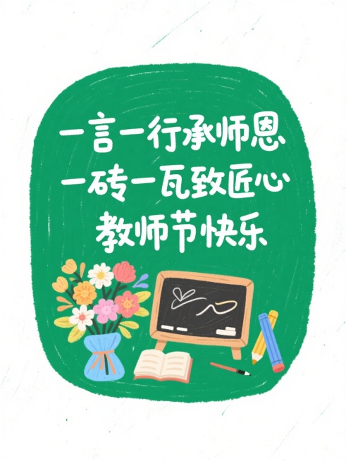 蜡笔手绘风，肌理感白底，绿色圆角矩形色块文本框，白色艺术字“一言一行承师恩  一砖一瓦致匠心 教师节快乐”，点缀一束花、教学用具预览效果
