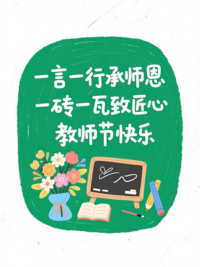 蜡笔手绘风，肌理感白底，绿色圆角矩形色块文本框，白色艺术字“一言一行承师恩  一砖一瓦致匠心 教师节快乐”，点缀一束花、教学用具