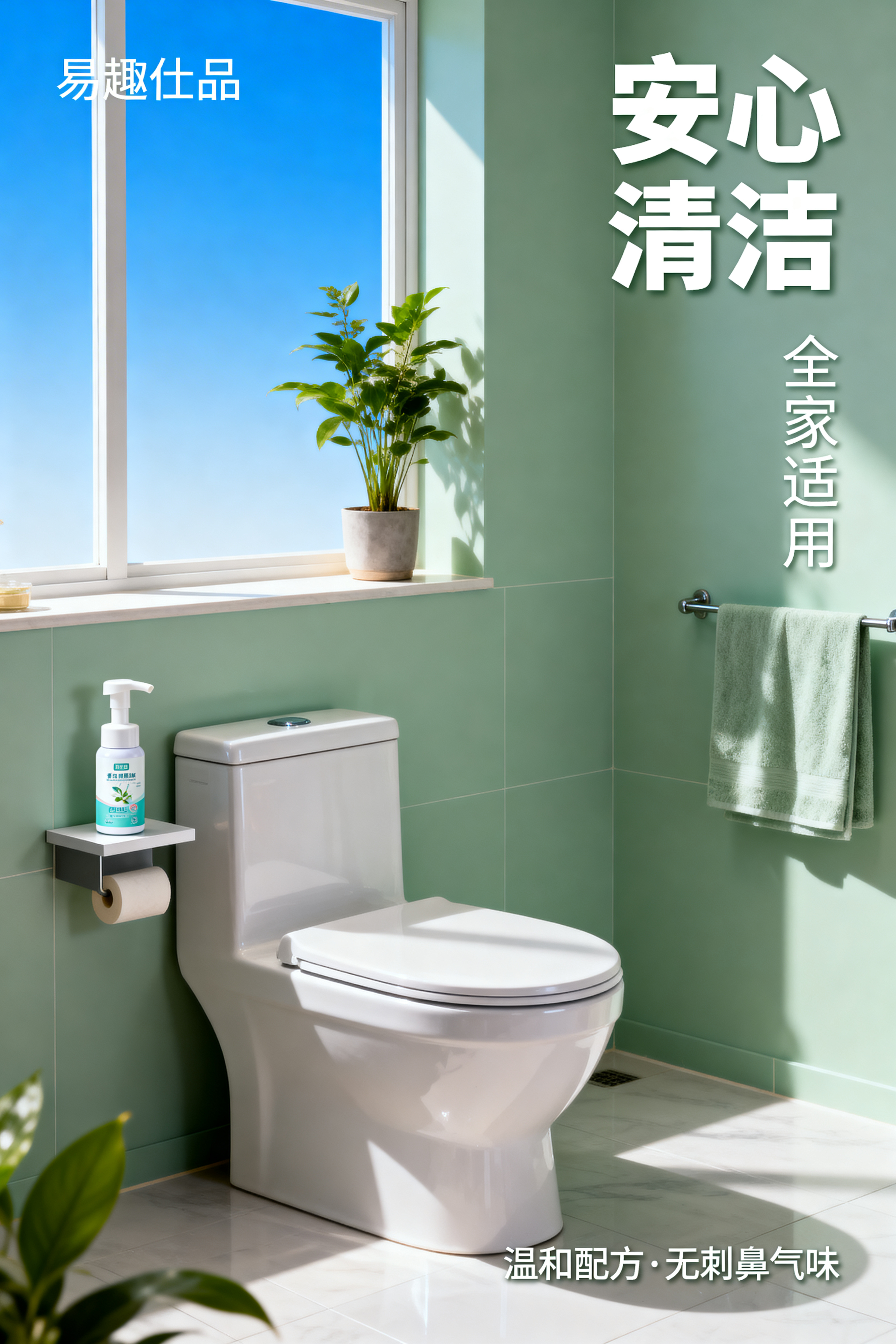 杂志风高级商业大片，画面展示现代简约浴室一角，易趣优品香氛洁厕… - 图片创意预览