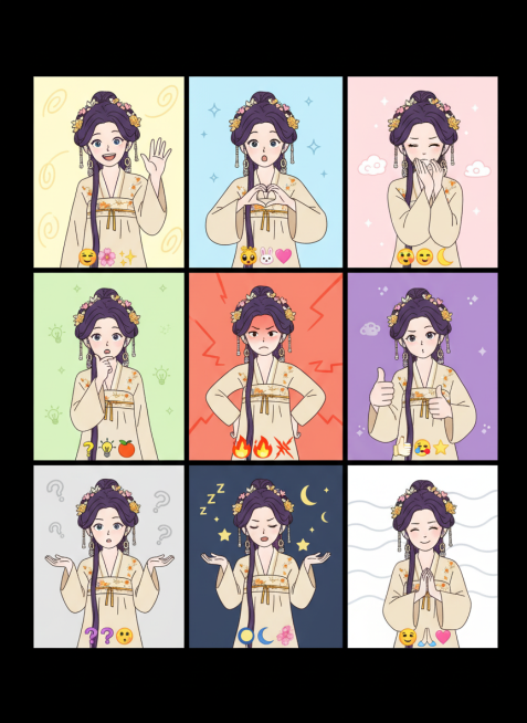 保持人物主体不变，创作一组简笔画风格表情包，搭配一些emoji图标，包含表情不同、姿势不同的九宫格表情包预览效果
