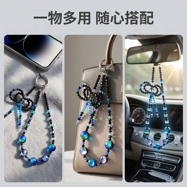 [主图 4] 蓝夜光手工串珠多场景挂饰展示
[氛围风格] 生活化氛围感，高级质感，淘宝天猫电商主图风格
[画质] 商业摄影质感，光线自然通透，产品清晰真实，画面干净高级
[元素] 三分屏展示三个场景：预览效果