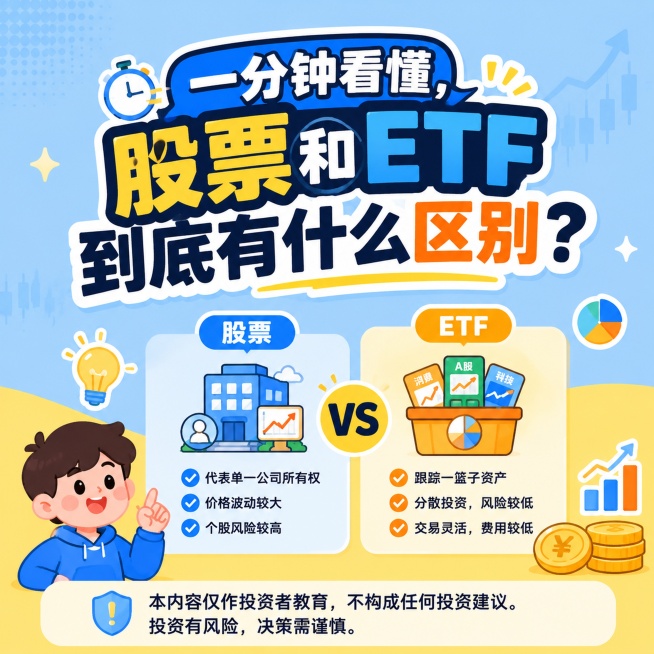 生成一张小红书1:1比例金融投教知识卡片封面图，风格为卡通年轻扁平科普，吸睛醒目。主题：股票和ETF的核心区别科普，面向新手投资者。主标题文字为"一分钟看懂，股票和ETF到底有什么区别？"，用活泼卡通预览效果