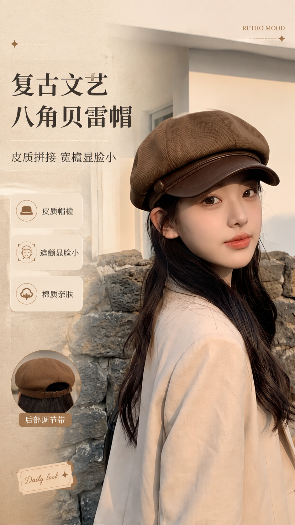 [商品] 使用【图1】棕色皮质帽檐八角贝雷帽；商品处理：保留八… - 图片创意预览