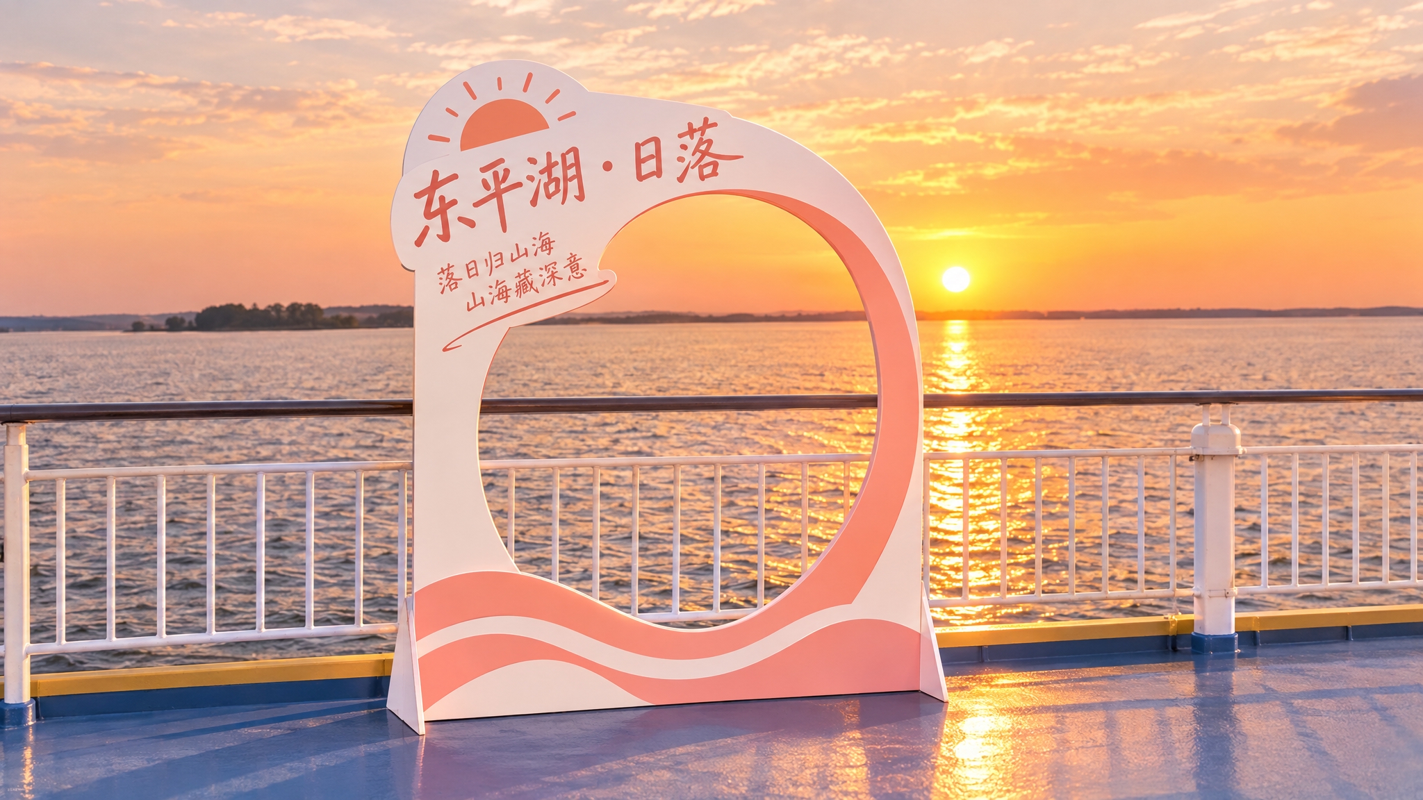参考图中打卡牌设计风格，生成第二个东平湖看日落主题镂空打卡牌：… - 图片创意预览