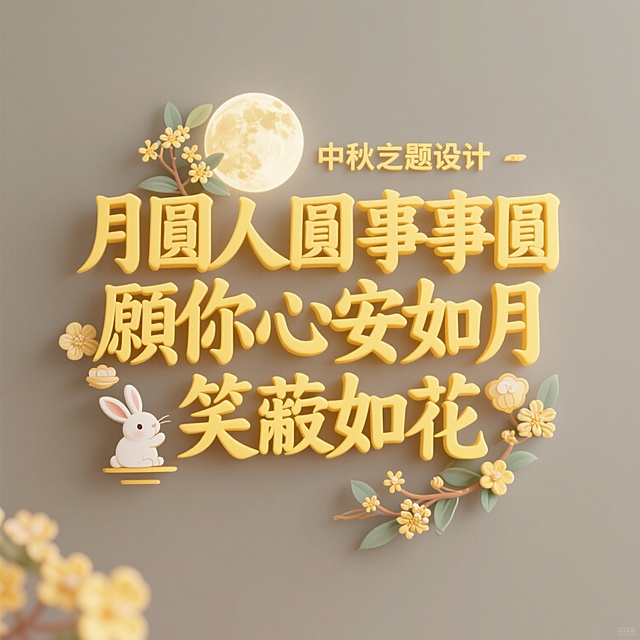 中秋主题文字设计，文字内容为“月圓人圓事事圓 願你心安如月 笑靨如花”，黄色系字体，字体优雅圆润，带有中秋传统元素装饰，如月亮、桂花、玉兔等，背景简洁，突出文字主体，整体风格温馨和谐，充满节日氛围