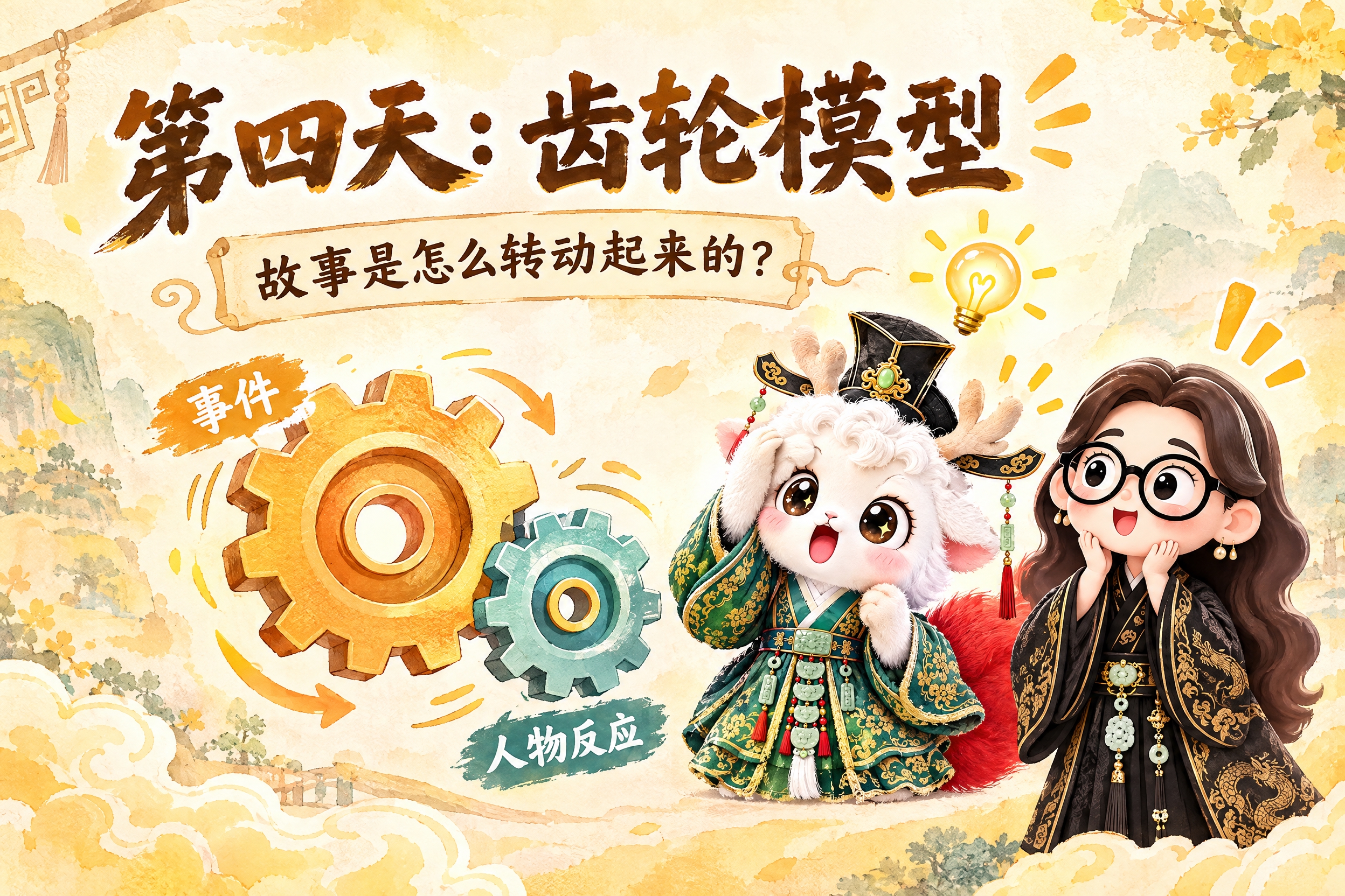 横版6寸比例的课程标题页设计，大标题为"第四天：齿轮模型"，副… - 图片创意预览