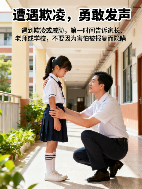 校园防欺凌宣传海报，明亮温暖风格，顶端标题为“遭遇欺凌，勇敢发声”，下方配文“遇到欺凌或威胁，第一时间告诉家长、老师或学校，不要因为害怕被报复而隐瞒”，文字字体统一为清晰易读的黑体，大小协调不遮挡画面预览效果