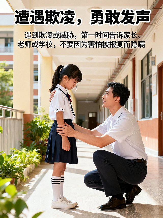 校园防欺凌宣传海报，明亮温暖风格，顶端标题为“遭遇欺凌，勇敢发声”，下方配文“遇到欺凌或威胁，第一时间告诉家长、老师或学校，不要因为害怕被报复而隐瞒”，文字字体统一为清晰易读的黑体，大小协调不遮挡画面，画面主体为学生向老师倾诉求助的场景，色彩明快适合校园宣传栏展示