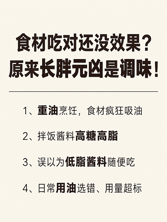 小红书笔记大字封面，纯大字，ins清新极简风，版式精美，小红书笔记封面质感，适合信息流点击，干净耐看无表情包堆砌。主标题分两行呈现，为画面视觉中心，逐字锁定：第一行「食材吃对还没效果？」，第二行「原来长胖元凶是调味！」。主标题字号占画面约45%视觉权重，清晰可读，不得增删改字。下方正文四条分行宽松排版，行间距大，逐字锁定：「1、重油烹饪，食材疯狂吸油」「2、拌饭酱料高糖高脂」「3、误以为低脂酱料随便吃」「4、日常用油选错、用量超标」。重点文字如「长胖元凶」「调味」「重油」「高糖高脂」「低脂酱料」「用油」轻微加粗突出。背景：浅米色纯色极简底图，干净均匀，无多余纹理。标题排版：采用纯大字P07+P19组合策略，扁平粗黑体/sans，深棕或深灰色字体，非3D立体，主标题字号大于正文，正文四条均匀分布在主标题下方，整体居中偏上布局。装饰：极简细线分隔线1条在主标题与正文之间，无emoji贴纸，无多余装饰，保持极简干净。整体氛围：极简清爽、干货分享、干净耐看、信息层级清晰。画质：高清细腻，浅底深字强对比，文字完整处于安全区内不可裁切，四周留充足安全边距。画面比例3:4，4K。