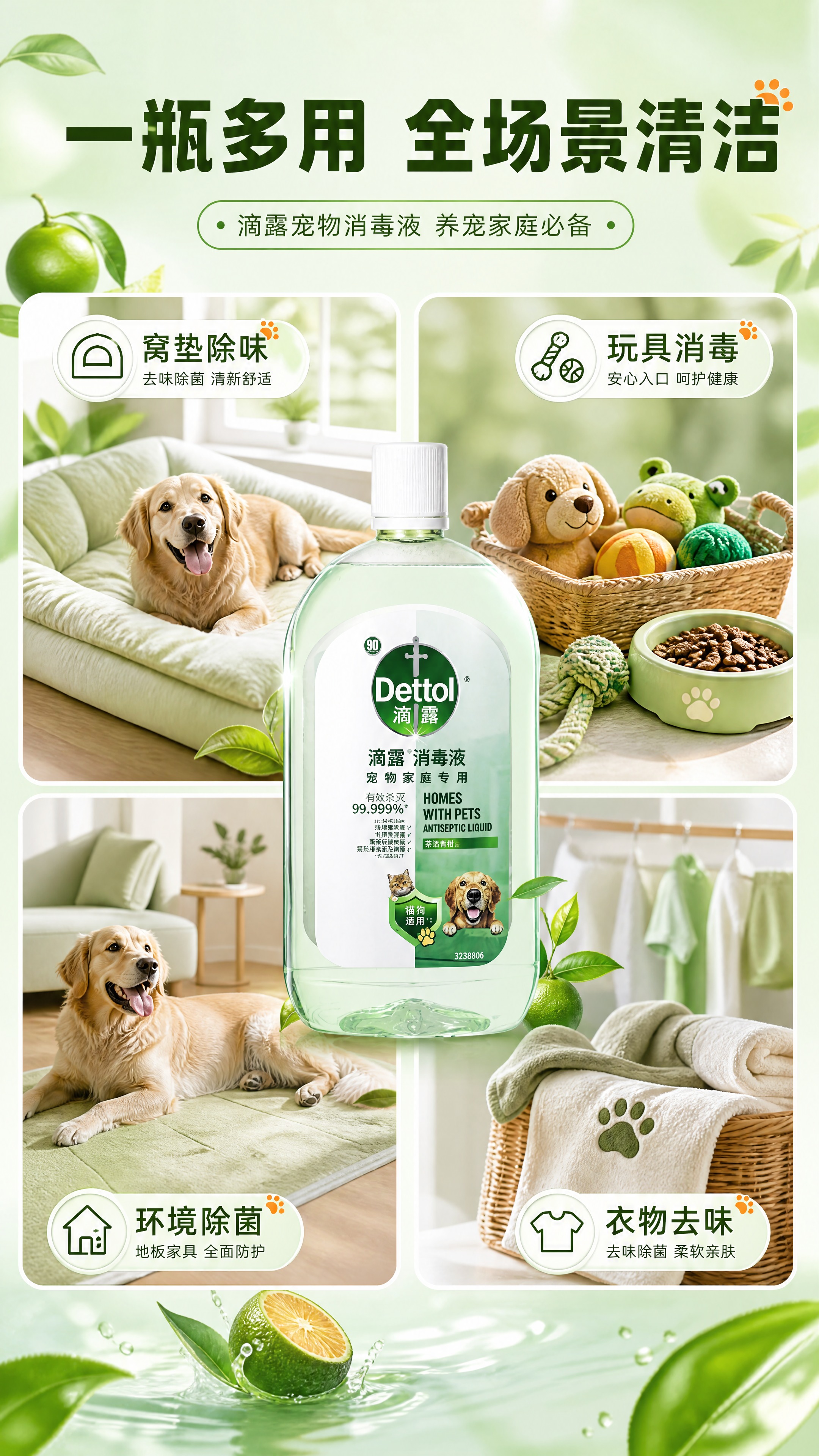 [商品] 使用【图1】滴露宠物消毒液1L装茶语青柑香透明绿瓶；… - 图片创意预览