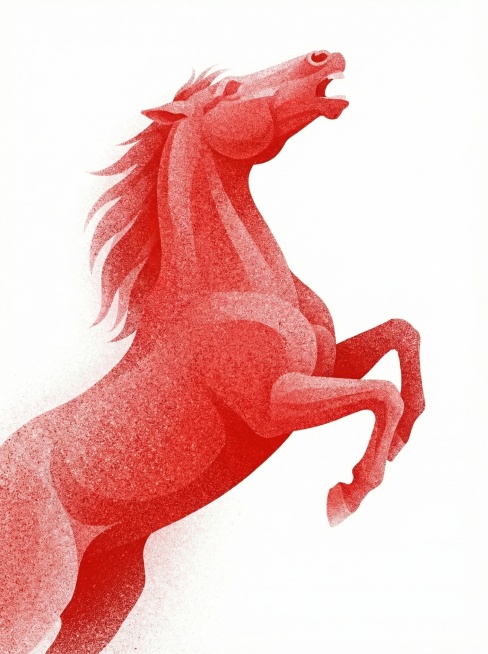 红色颗粒质感，昂首嘶鸣姿态的马，白色背景预览效果