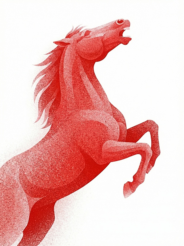 红色颗粒质感，昂首嘶鸣姿态的马，白色背景