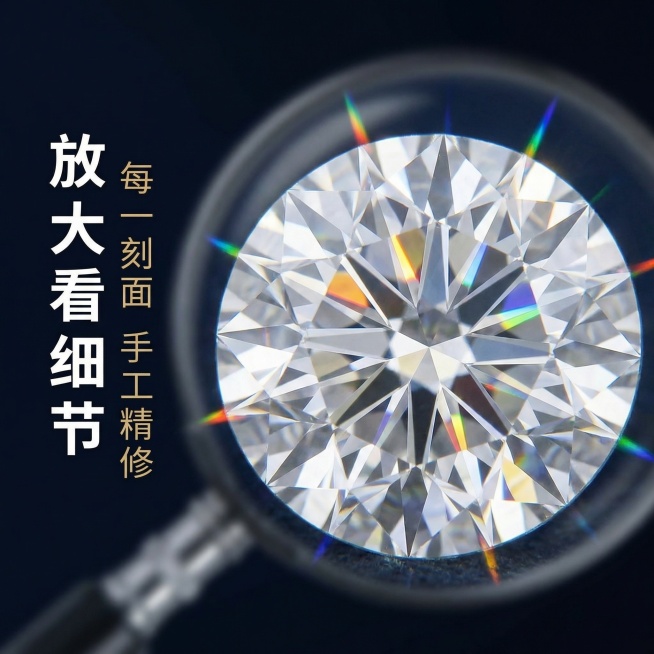 [主图 3] 钻石细节切工特写展示
[氛围/风格]极致奢华，微距质感，高级精致
[画面元素]放大镜特效放大原图钻石的烟花切工纹路，突出每个切面的精细刻面，光线穿过切面折射出璀璨星光效果，背景虚化，突出预览效果