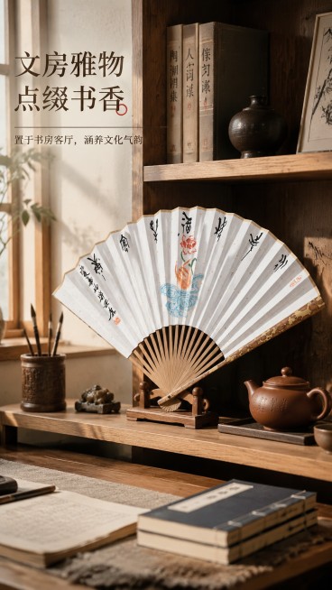 [第4屏] 家居摆放场景展示，折扇在书房空间的陈列效果。本屏使用【图1】作为产品主体。
[氛围/风格] 新中式书房场景，宁静雅致，文化氛围感，真实实景质感。
[元素布局] 折扇打开斜靠在书房博古架上，预览效果
