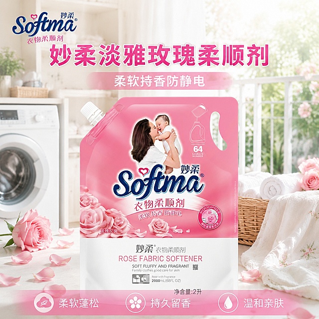[主图-1] 衣物柔顺剂产品首图，淡雅玫瑰香氛柔顺剂场景展示
[氛围风格] 清新温馨家居风，干净整洁生活气息
[画质] 商业摄影质感、光线柔和通透、产品清晰真实、画面干净高级
[元素] 妙柔淡雅玫瑰衣物柔顺剂2L袋装产品居中放置，背景是整洁明亮的阳台洗衣区域，散落几片天然玫瑰花瓣，整体氛围清新温馨。保持产品外观（物理结构、材质质感、颜色）与输入产品图绝对一致，杜绝任何变形和色差，精细化处理。商品主体占比严格控制在65%左右，画面满屏无边框。左上角保留原品牌Logo，不遮挡主体。
[光影] 自然阳台侧光，光线柔和明亮，整体均匀通透，产品轮廓清晰，光影自然过渡，无硬阴影，突出产品洁净感。
[配色] 主色调淡粉色搭配米白色，还原产品本身玫瑰主题配色，清新干净。
[视角构图] 平视拍摄，产品中心构图，景深适中，前景自然虚化，突出主体产品。
[文字版式] 左上角安全边距左对齐放置原品牌Logo，大字主文案写“妙柔淡雅玫瑰柔顺剂”粉色粗体无衬线，下方小字写“柔软持香防静电”白色半透明底。底部通栏均分三列展示核心卖点：第一列“柔软蓬松”，第二列“持久留香”，第三列“温和亲肤”，文字清晰对比分明，不遮挡产品主体。
[比例分辨率] 1:1比例，文字清晰可读，超高清画质。
[负向提示词] 变形，文字错乱，产品图模糊，背景杂乱，水印，电商平台Logo