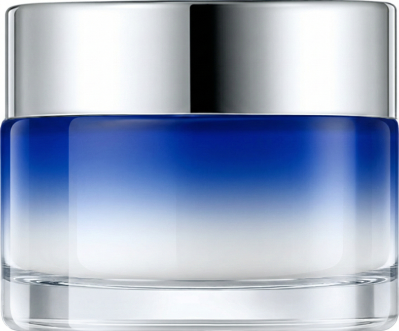 将盖子改为电镀银色，瓶身调整为克莱因蓝渐变到透明，内置膏体改为白色预览效果