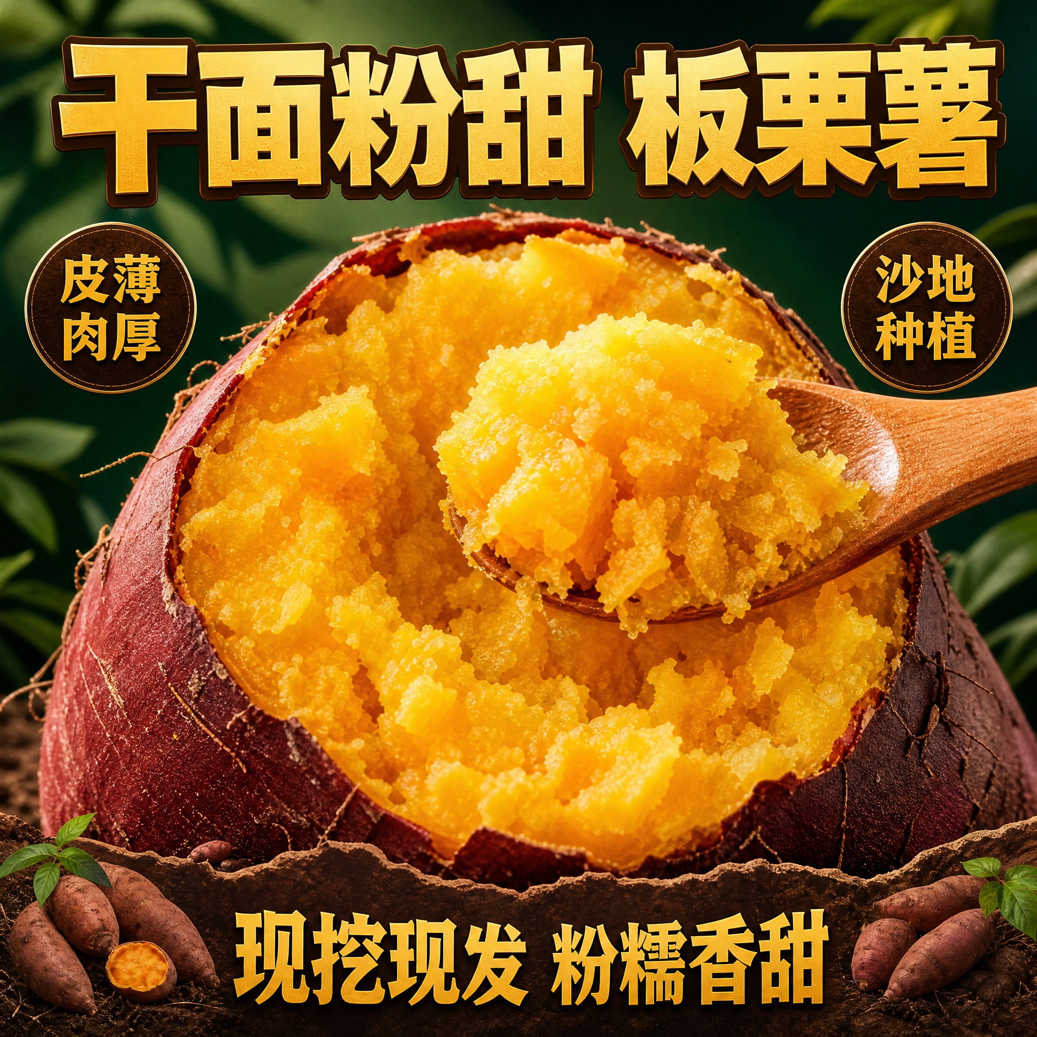 板栗薯主图 大特写冲击款 差异化设计。深墨绿色渐变背景，质感高… - 图片创意预览