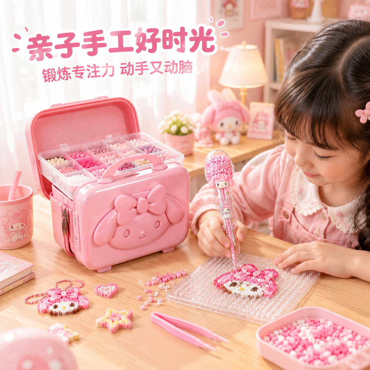 [主图2-温馨场景型] 美乐蒂DIY拼豆套装使用场景图，温馨居… - 图片创意预览