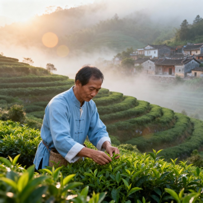 中国广东潮州潮安凤凰山，清晨云雾缭绕的翠绿茶山上，茶农穿着浅蓝色潮汕传统短褂采摘单丛茶嫩芽，背景是层叠的茶山与半山腰的古朴潮汕民居，阳光透过薄雾形成柔和的光斑，画面色调暖绿清新，风格为治愈系国风摄影，预览效果