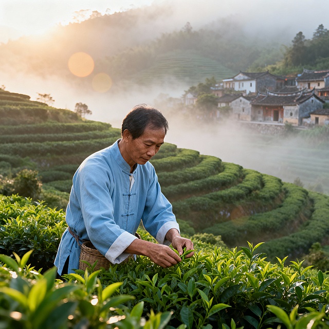 中国广东潮州潮安凤凰山，清晨云雾缭绕的翠绿茶山上，茶农穿着浅蓝色潮汕传统短褂采摘单丛茶嫩芽，背景是层叠的茶山与半山腰的古朴潮汕民居，阳光透过薄雾形成柔和的光斑，画面色调暖绿清新，风格为治愈系国风摄影，画质高清细腻。