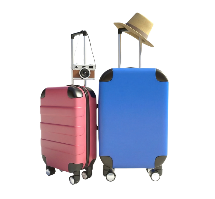 将图中右侧的黄色行李箱修改为纯蓝色，保留原有的黑色包角、拉杆滚轮、光影细节和整体构图，保持其他物品（粉色行李箱、相机、帽子）完全不变预览效果