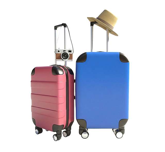 将图中右侧的黄色行李箱修改为纯蓝色，保留原有的黑色包角、拉杆滚轮、光影细节和整体构图，保持其他物品（粉色行李箱、相机、帽子）完全不变