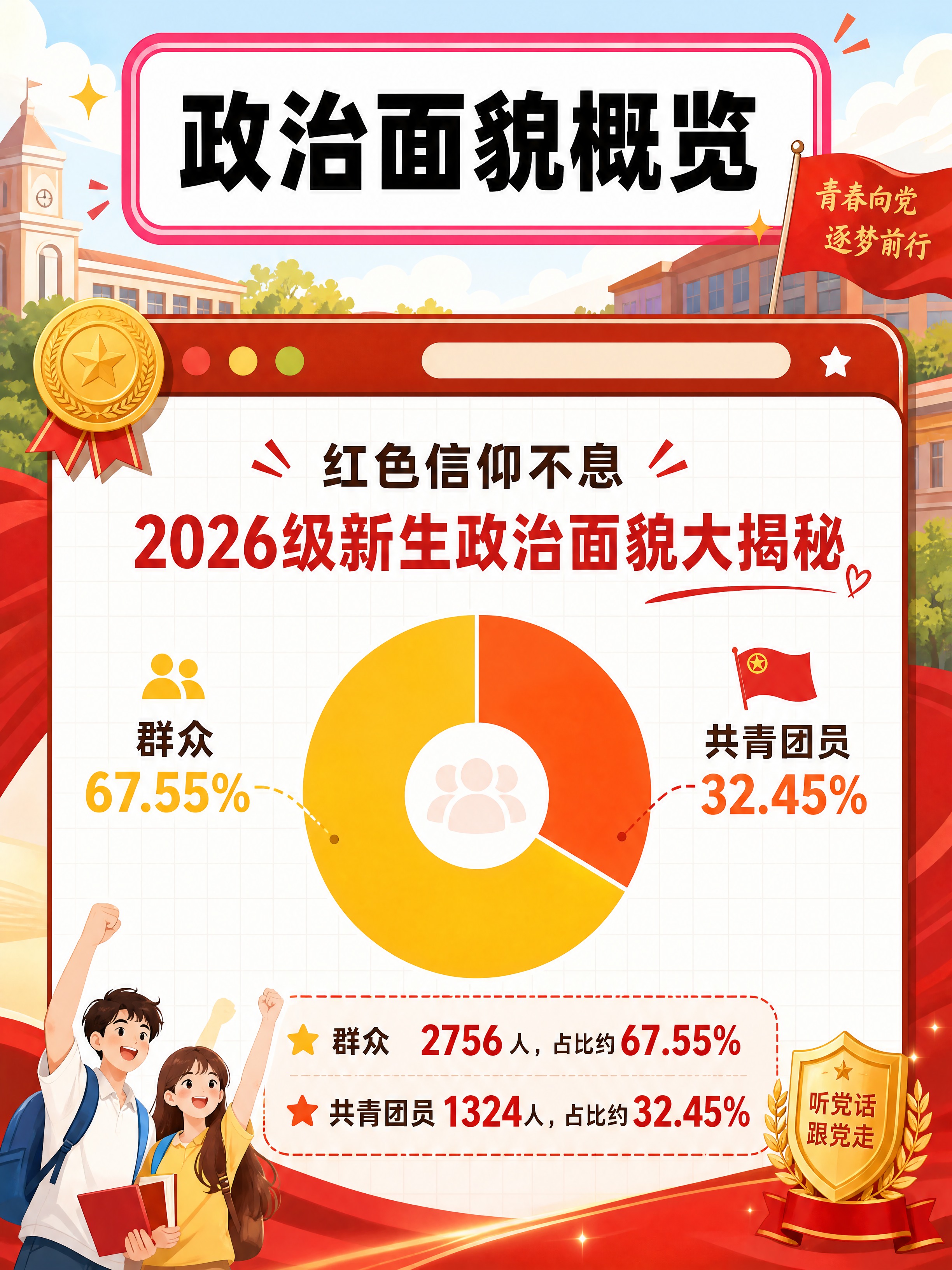 校园新生数据信息图，竖版3:4，清新插画风。顶部是带玫红边框的… - 图片创意预览