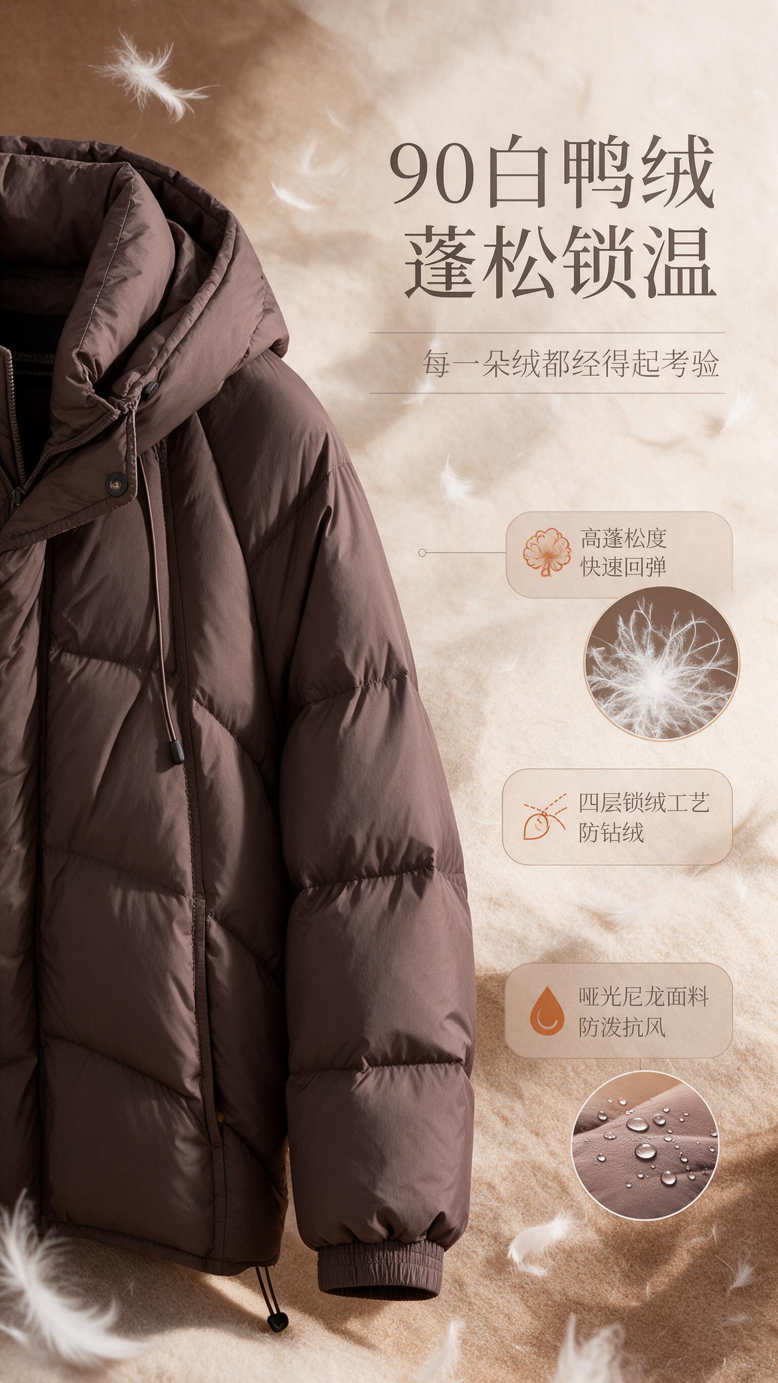 [商品] 使用【图1】美拉德棕短款连帽羽绒服；商品处理：保留连… - 图片创意预览