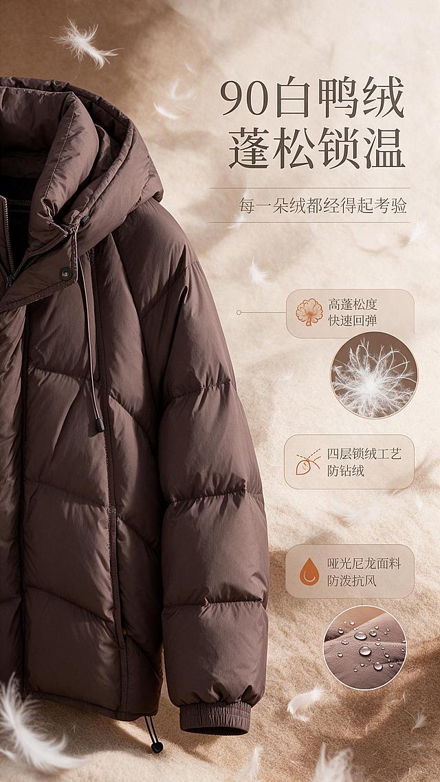 [商品] 使用【图1】美拉德棕短款连帽羽绒服；商品处理：保留连帽立领设计、斜向绗缝纹路、按扣门襟、抽绳细节、插袋、罗纹收口袖口、下摆抽绳、宽松廓形、咖啡色面料颜色和哑光尼龙材质；自然去除衣身杂乱褶皱与压痕，理顺羽绒蓬松感，增强面料纹理、缝线、按扣五金和抽绳质感，不改变版型和结构。
[画面] 页面目标：展示羽绒填充蓬松度与面料质感，建立品质信任。构图：左侧为羽绒服局部面料微距特写（绗缝饱满蓬松感），占画面约50%；右侧为文案区，配羽绒纤维示意图和面料防泼溅示意小图；背景为暖棕色渐变背景+细腻毛毡质感；画面有轻柔羽毛飘落的氛围感元素，强化羽绒主题。
[视觉] 套系策略：风格=高级感秋冬暖调商业摄影，美拉德色系；标题字=现代简约衬线粗体，带轻微复古气质；正文字=简洁无衬线体；主色=深棕/咖啡色；背景延展=基于暖棕、米杏、奶咖做深浅层级渐变、同色系质感背景和细腻织物/纸张纹理；强调色=焦糖橘棕，仅用于小面积图标、引线和标签点缀；标题色=深炭棕；正文色=暖灰棕；组件=圆角浅棕信息卡、细线引线、复古标签；光影=左前侧暖柔光，柔和自然阴影。
[文字] 右上主标题「90白鸭绒 蓬松锁温」，副标题「每一朵绒都经得起考验」；下方配3个信息点：高蓬松度 快速回弹、四层锁绒工艺 防钻绒、哑光尼龙面料 防泼抗风；文字横排，配合面料特写和羽绒示意图。
[规格] 图片比例9:16竖版，分辨率2K，避免变形、错字、文字过小、冷蓝/冷灰背景、衣服颜色改变、版型失真、纯白底、极限词。