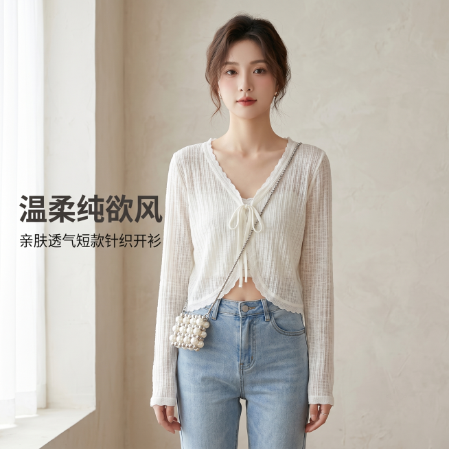 [主图-1] 温柔纯欲风短款针织开衫模特上身首图。[氛围风格] 温柔韩系氛围感 松弛感 纯欲风；[画质] 商业摄影质感、光线柔和通透、产品清晰真实、画面干净高级。[元素] 年轻亚洲女模特，皮肤白皙妆容预览效果