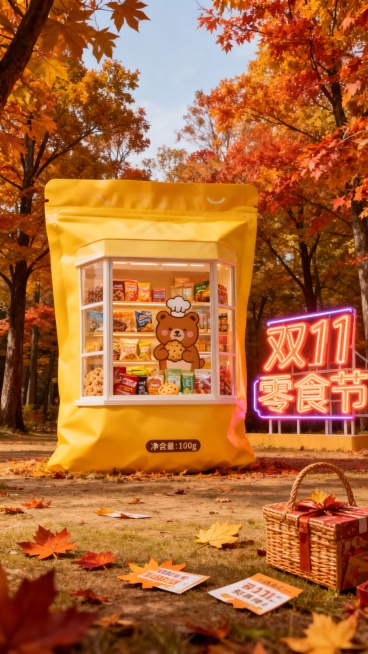 以秋日枫叶林空地为背景，中央是参考图的巨型饼干袋，巨型饼干袋内部挖空并去掉封面的字和图案，设计成橱窗形式，展示着各类零食，旁边立着霓虹灯管组成的 “双 11 零食节” 招牌，周围散落着枫叶形状的优惠券预览效果