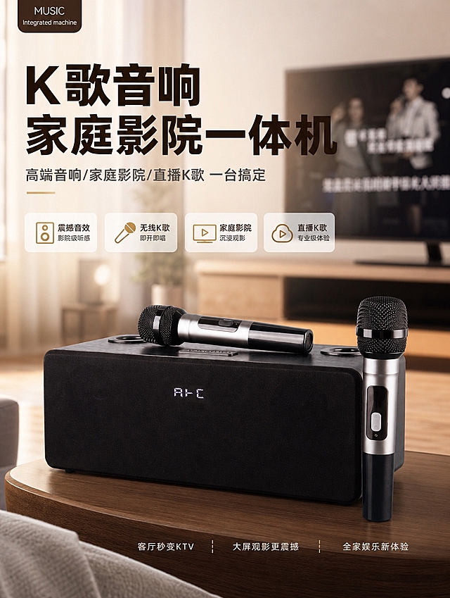 [商品] 使用【图2】黑色长方体K歌音响一体机+两支银黑无线麦克风；保留产品黑色主体、正面显示屏、顶部双麦插孔、金属网罩、麦克风银黑配色和整体比例结构；清晰化产品细节，不改变产品原貌。
[画面] 目标：头图海报，突出家庭K歌影院一体机核心定位。构图：场景氛围型，现代简约客厅场景，音响和双麦置于前景木质茶几上，背景电视墙虚化，暖光氛围，产品占画面50%，前中后景层次分明。阅读动线：从上到下，顶部标题区，中部产品主体，底部副标题。
[视觉] 套系策略：风格=现代家居科技感商业摄影；标题字=粗黑体大字；正文字=简洁无衬线体；主色=深棕黑+暖米白；背景延展=基于深棕黑和暖米白做深浅层级、同色渐变和细腻木纹/布艺质感；强调色=暖金色，仅用于小面积图标、引线、标签和局部光效；标题色=深棕黑；正文色=中暖灰；组件=圆角浅底信息卡、细线引线；光影=左前侧暖柔光，产品正面清晰。
[文字] 顶部主标题「K歌音响 家庭影院一体机」，副标题「高端音响/家庭影院/直播K歌 一台搞定」，左上角小标签「MUSIC Integrated machine」，文字区不遮挡产品主体。
[规格] 图片比例3:4竖版，4K分辨率，避免变形、错字、文字过小、冷蓝背景、产品颜色改变、结构失真、乱码乱字。