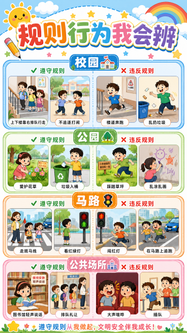 修改原手抄报，将校园遵守规则板块的"排队上下楼"优化为"上下楼靠右排队行走"，保持原有手抄报布局和风格不变，主题标题为"规则行为我会辨"，整体依然活泼童趣适合小学生预览效果