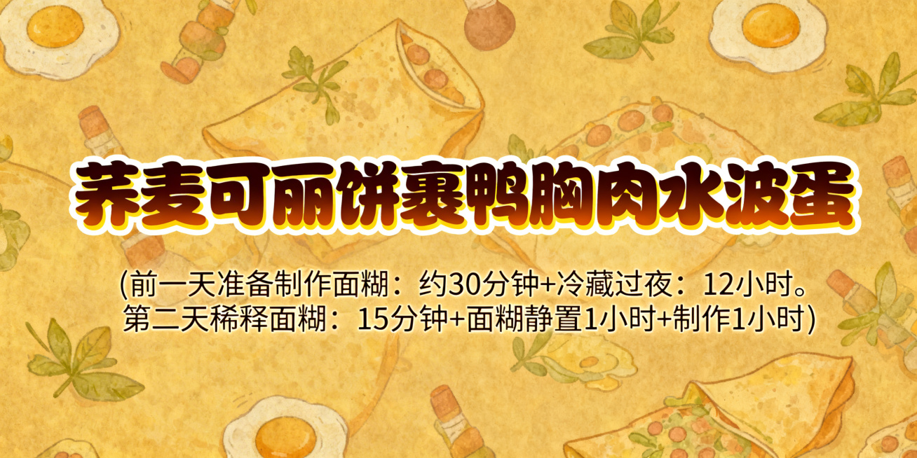 活泼可爱风格艺术字，第一排是"荞麦可丽饼裹鸭胸肉水波蛋"，字体圆润饱满，采用深荞麦棕渐变搭配暖黄色描边，字体边缘柔和醒目，色彩温暖质朴；第二排小字是"(前一天准备制作面糊：约30分钟+冷藏过夜：12小预览效果