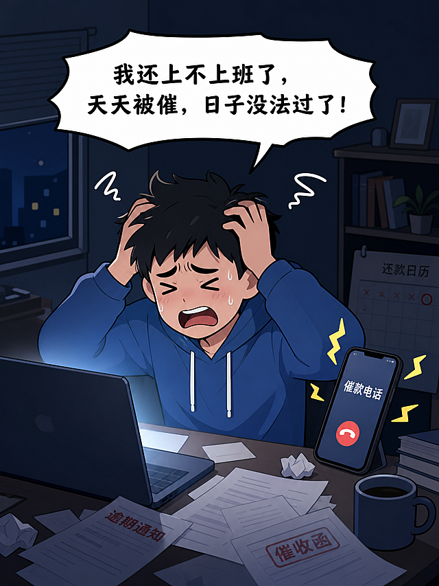 现代扁平化插画，清新明亮配色，人物造型干净圆润，线条柔和，无写实元素，金融反诈科普漫画风格，适合公众号推文。镜头4：逾期被催场景，男生双手抱头，表情崩溃，背景是昏暗的室内，电脑屏幕微光，旁边有"催款电话"震动符号，对话框文字："我还上不上班了，天天被催，日子没法过了！"。