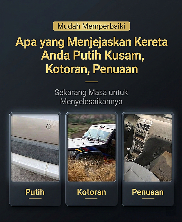 「图片1」「图片1」「图片1」「图片1」「图片1」「图片1」「图片1」「图片1」「图片1」「图片1」产品是一款汽车翻新剂，帮我重新生成一套与原图视觉效果不同的（更换排版，色系）整体调性：极简干净、高级质感、低饱和、无杂乱元素，大标题亮色加粗突出卖点，视觉：质感产品图 + 精致对比 + 轻科技感，核心卖点：一擦翻新老化、发白、龟裂、哑光暗沉瞬间焕新长效防护防老化、防晒、防污、抗紫外线，持久提亮温和不伤件不腐蚀塑料 / 橡胶 / 皮革，不发白不粘灰提亮不油腻哑光 / 自然亮，不沾手、不反光、不油腻适用广泛保险杠、内饰、门板、胶条、皮革、轮毂边通用便捷高效涂抹即亮，免抛光、免水洗，懒人养护。（10张）风格是黑色高级汽车风。详情页文案参考（主图 10张结构（直接照做）首图：产品 + 大字卖点，标题文字字体统一，风格定位：马来简约高级汽车风格/ 干净高级深色配色，干净高级构图。视觉：图标 + 短句，文字语言为马来语言，详情页比例为原图片比例，不要产品白底图