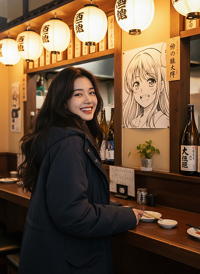 写真摄影风格，日式酒馆背景，远景半身照。主视觉是图示女生，姿态舒展，冬装。墙面上贴着她的画像，画像是手绘黑白漫画风偏日漫风。人物与人物画像同框的打卡效果